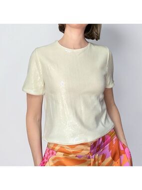 Christian Lacroix White Sequin Short Sleeve Top | Party Disco Y2K Luxe Small